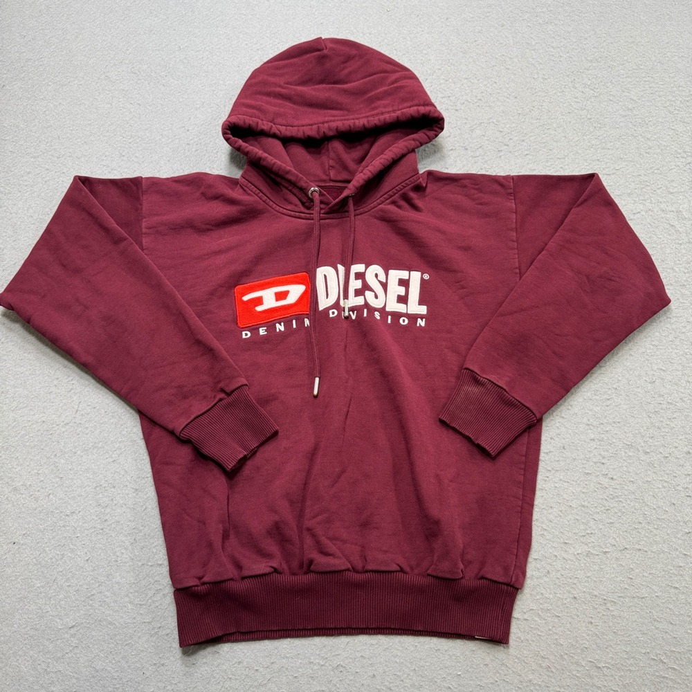 Diesel Hoodie Men's Small Burgundy Denim Division Loose Fit Cotton Pullover Y2K